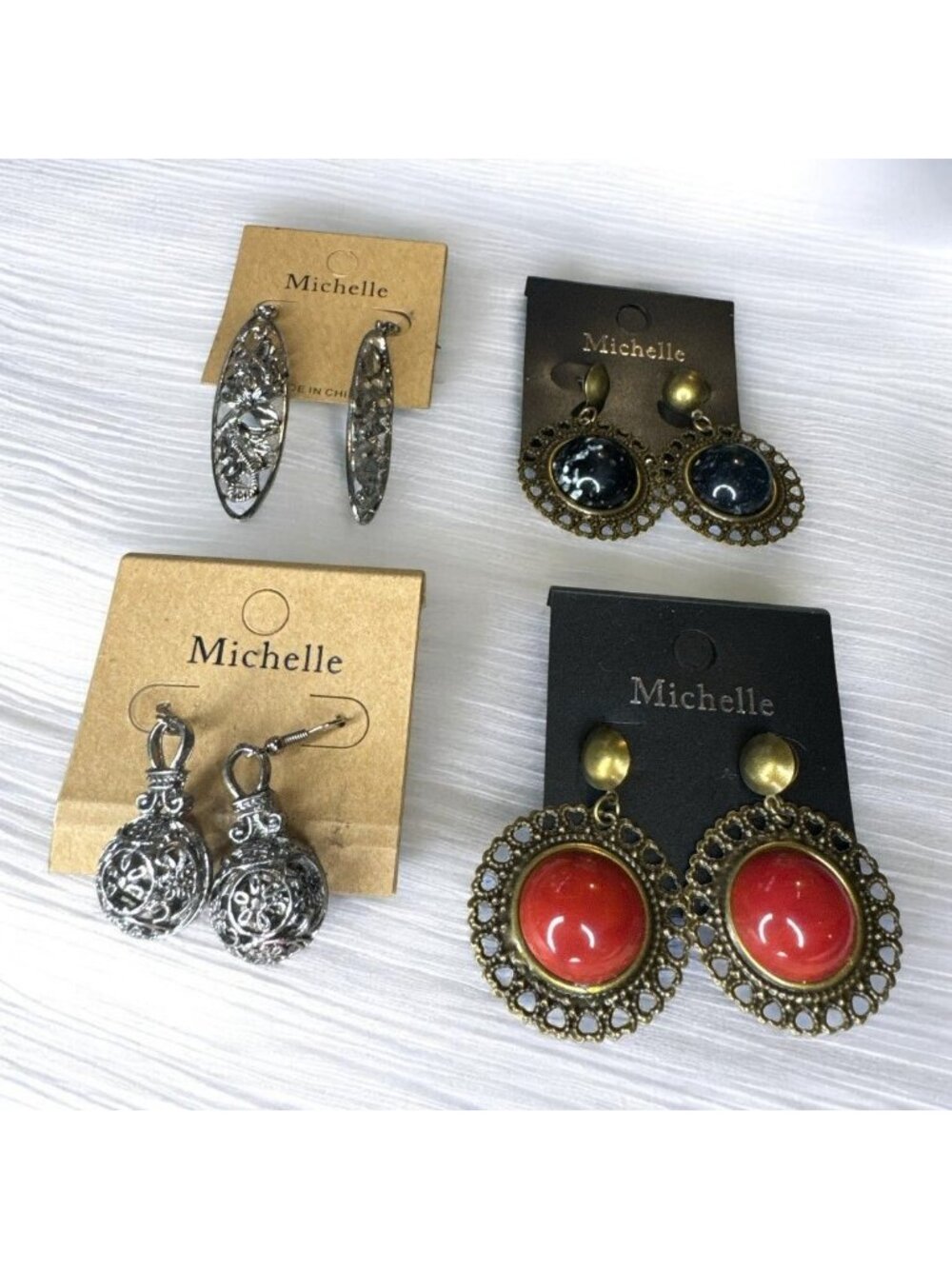 Set Of 3 Michelle Earrings - Antique Style With Black Red & Silver Tones